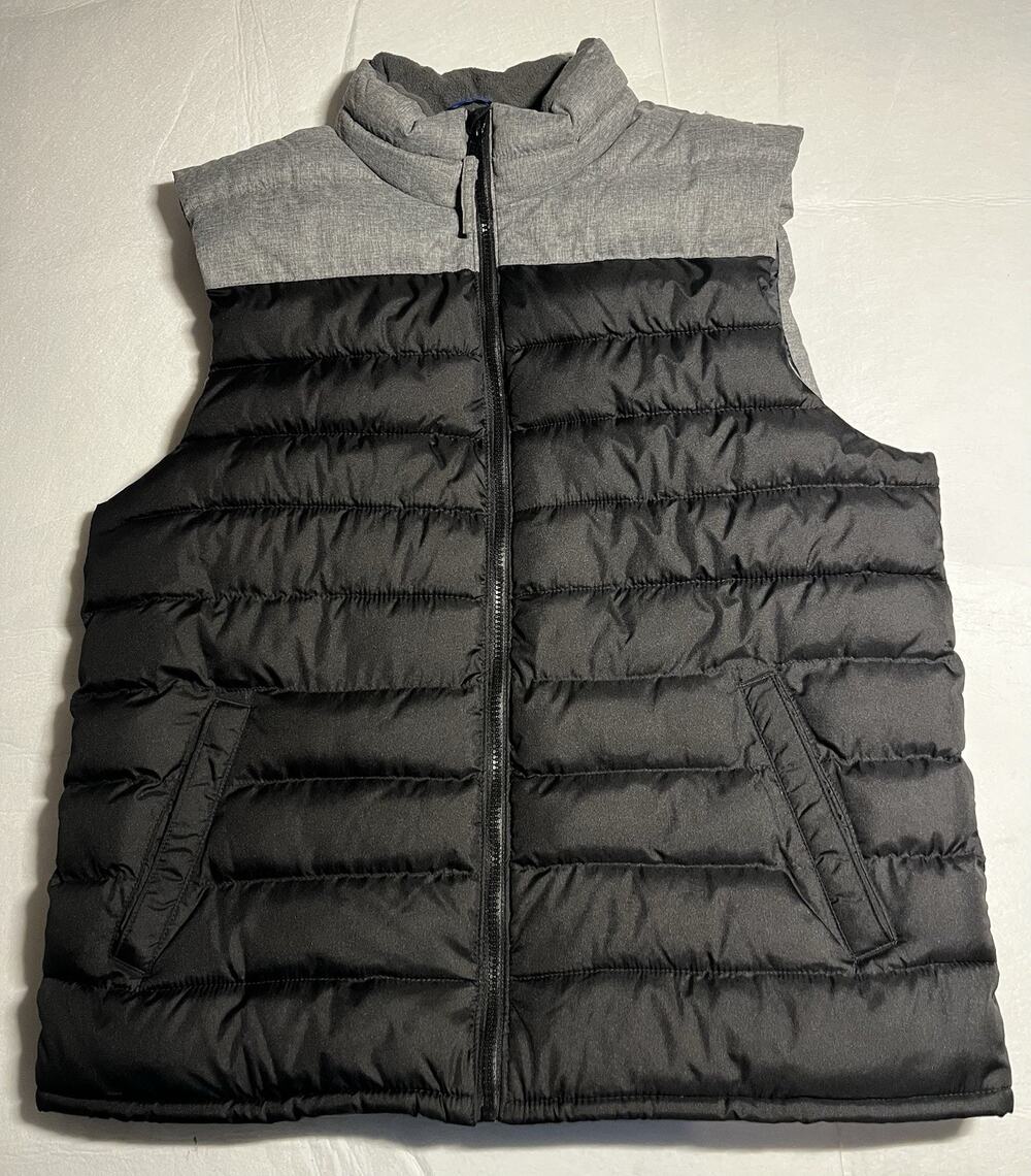 Old Navy Mens Large Black Gray Colorblock Puffer Vest Fleece Lined Full Zip